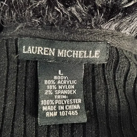 Vintage Lauren Michelle Black Ribbed Knit Cardigan Faux Fur Size L Soft & Cozy - Picture 9 of 9